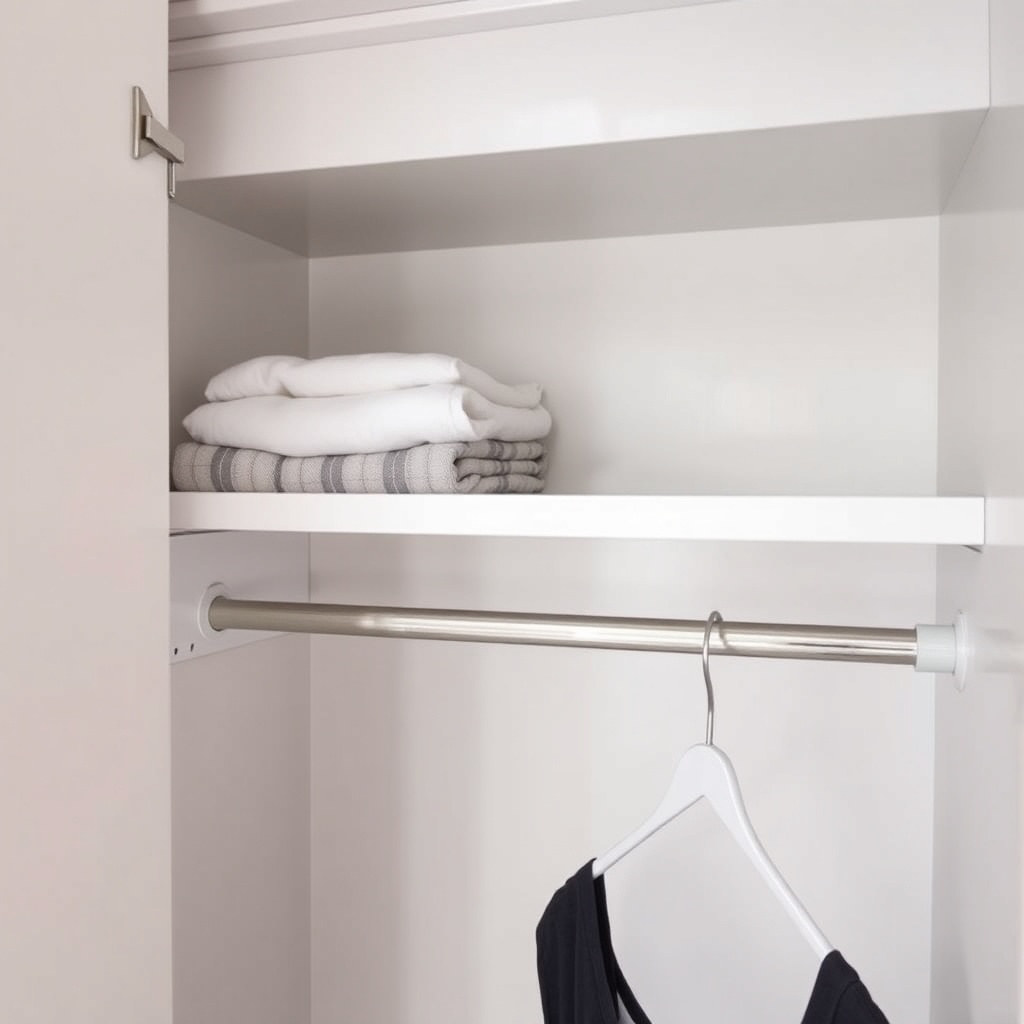 Close-up of a Camco RV Closet Organizer installed in a narrow RV wardrobe