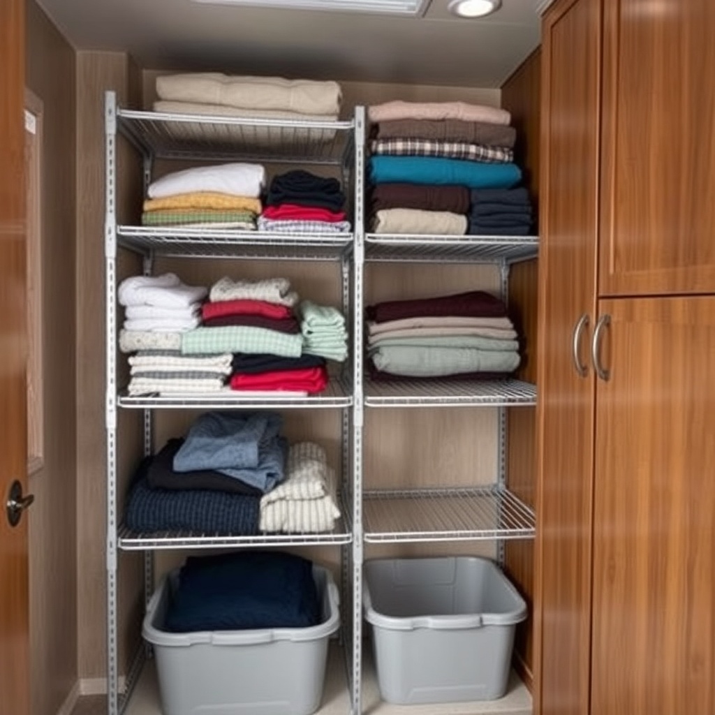 Wide shot of a renovated RV closet with two Camco shelf units stacked vertically