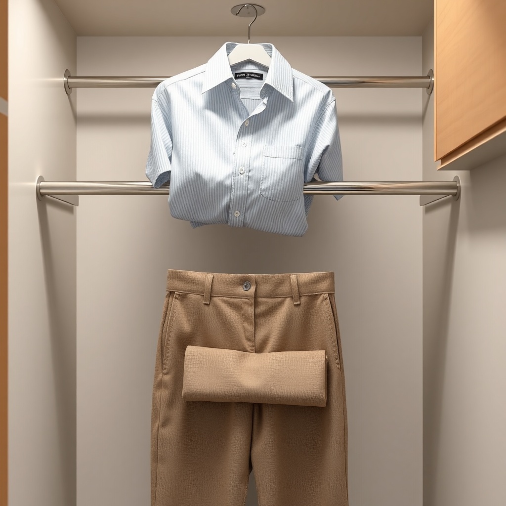 A clean photorealistic photo showing two rods stacked vertically in an RV closet