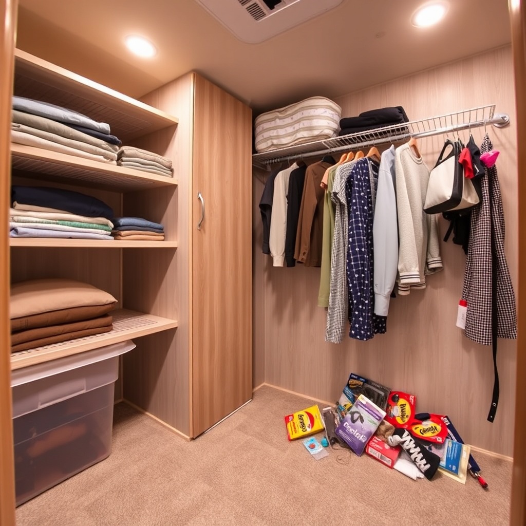 Wide-angle shot of an RV closet interior with a Camco organizer installed