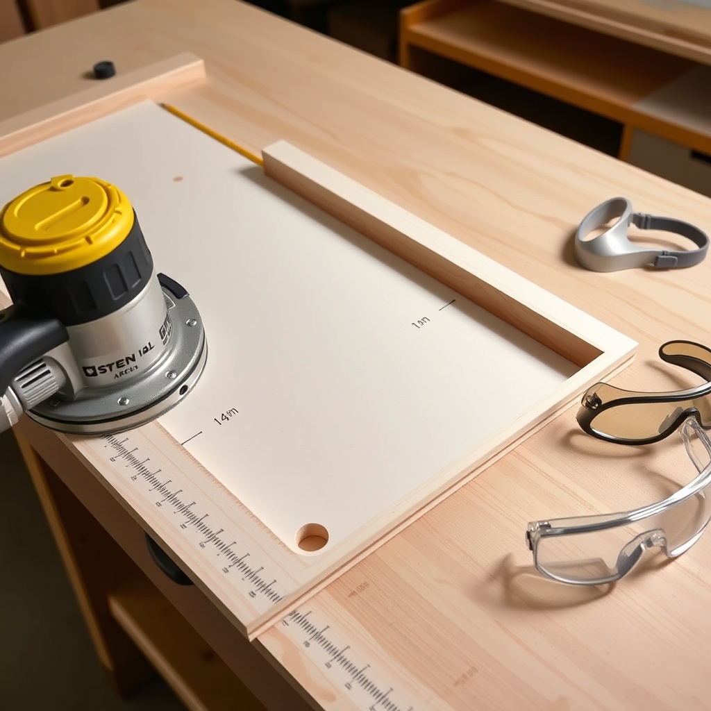 A clean photorealistic photo showing a hand router cutting a ¼-inch dado groove into the b
