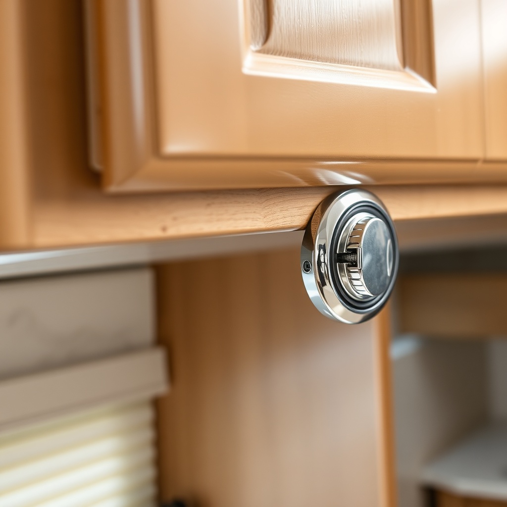 A close-up photorealistic photo of an RV kitchen overhead cabinet door showing a worn plas