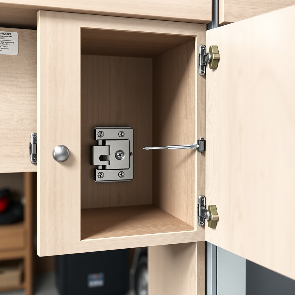 A photorealistic illustration of an open RV cabinet door showing the inside of the latch a