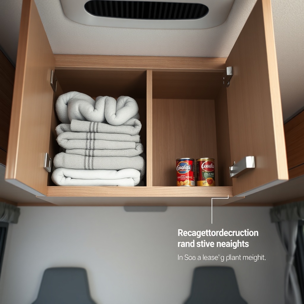 A photorealistic top-down view of an open LaSalle Bristol overhead cabinet in a motorhome