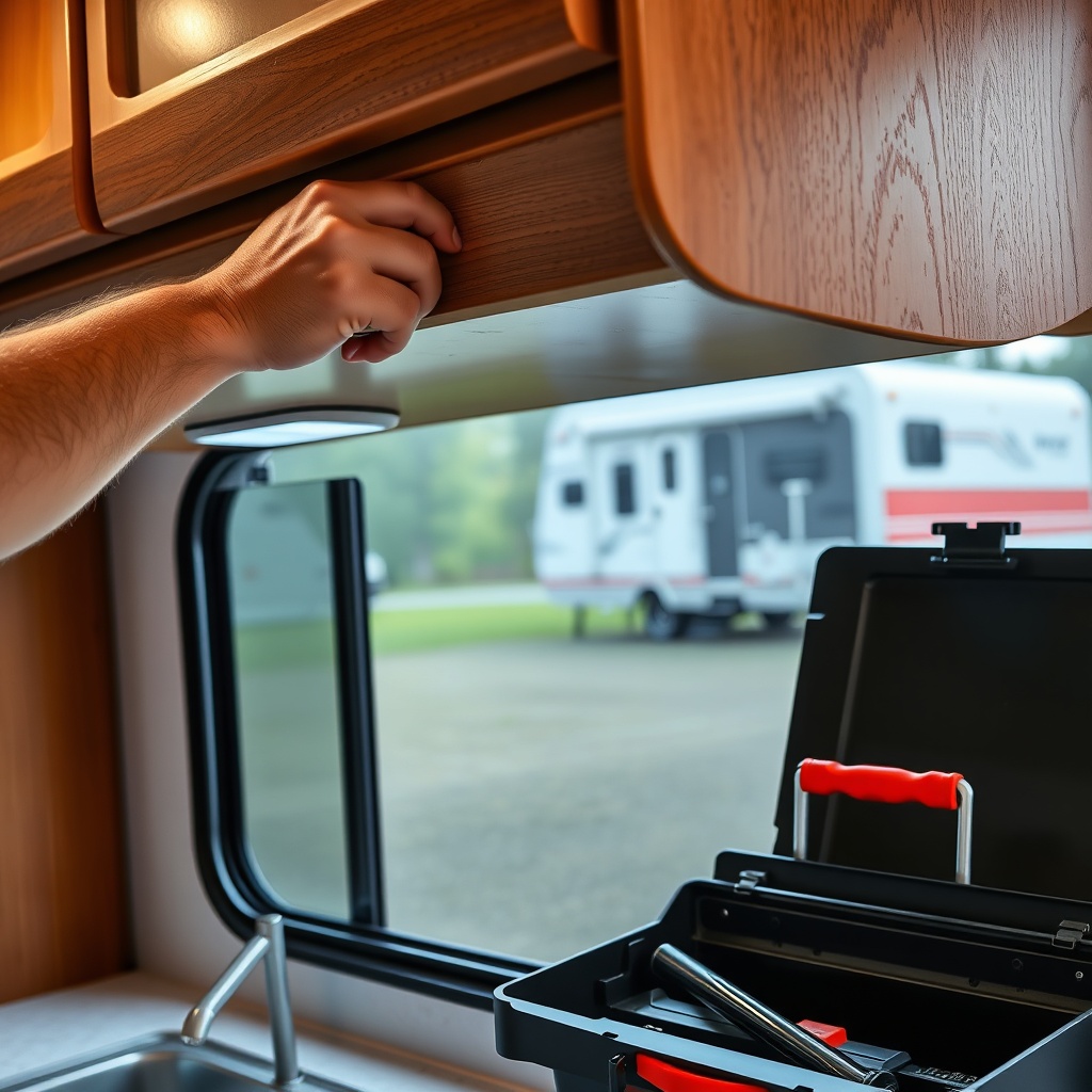 A photorealistic image of a person's hands installing a new gas strut on an RV overhead ca