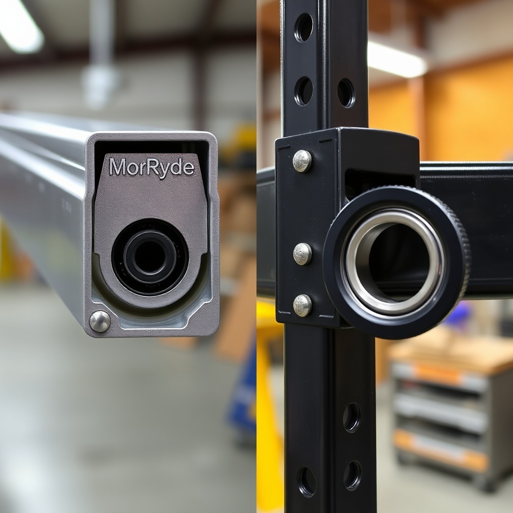 A close-up split-view photograph of a silver MorRyde aluminum side rail with a sealed roll