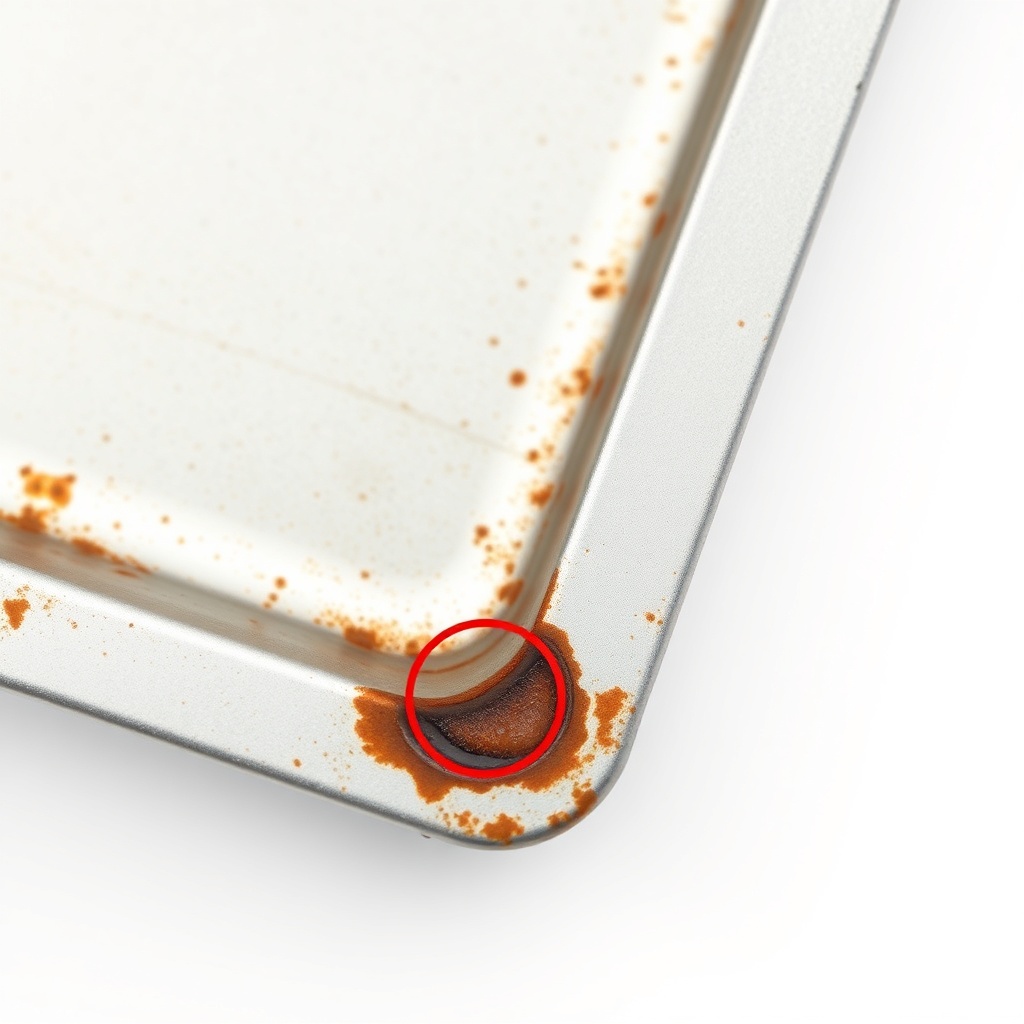 A macro photograph of a section of a steel tray showing early stage rust forming along a w