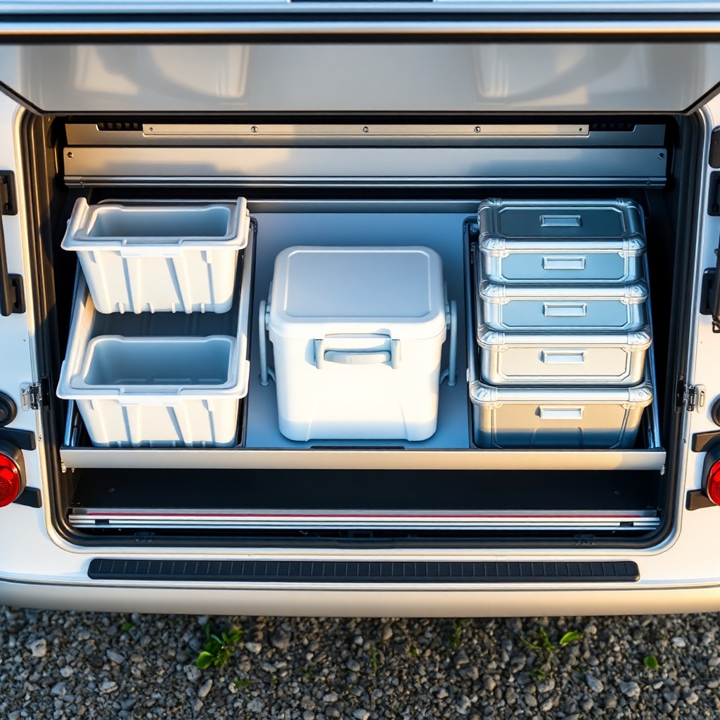 A photorealistic overhead view of a Lippert slide-out storage tray loaded with evenly spac
