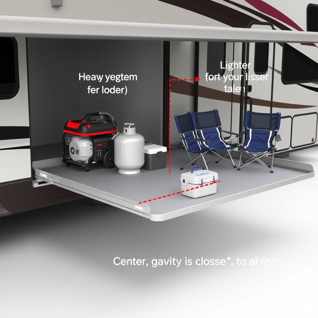 A photorealistic side-view illustration of a Lippert slide-out tray extended from an RV