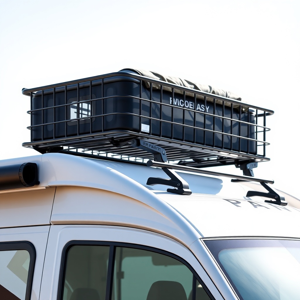 A clean photorealistic photo of the RVStow Roof Rack Cargo Basket mounted on an RV roof