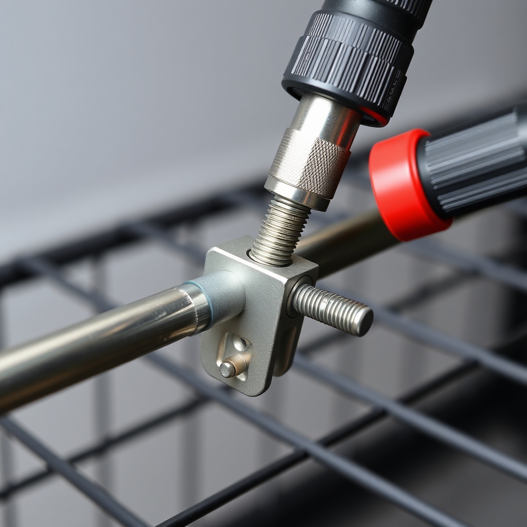 A photorealistic close-up photo of a torque wrench being used to tighten a U-bolt on the R