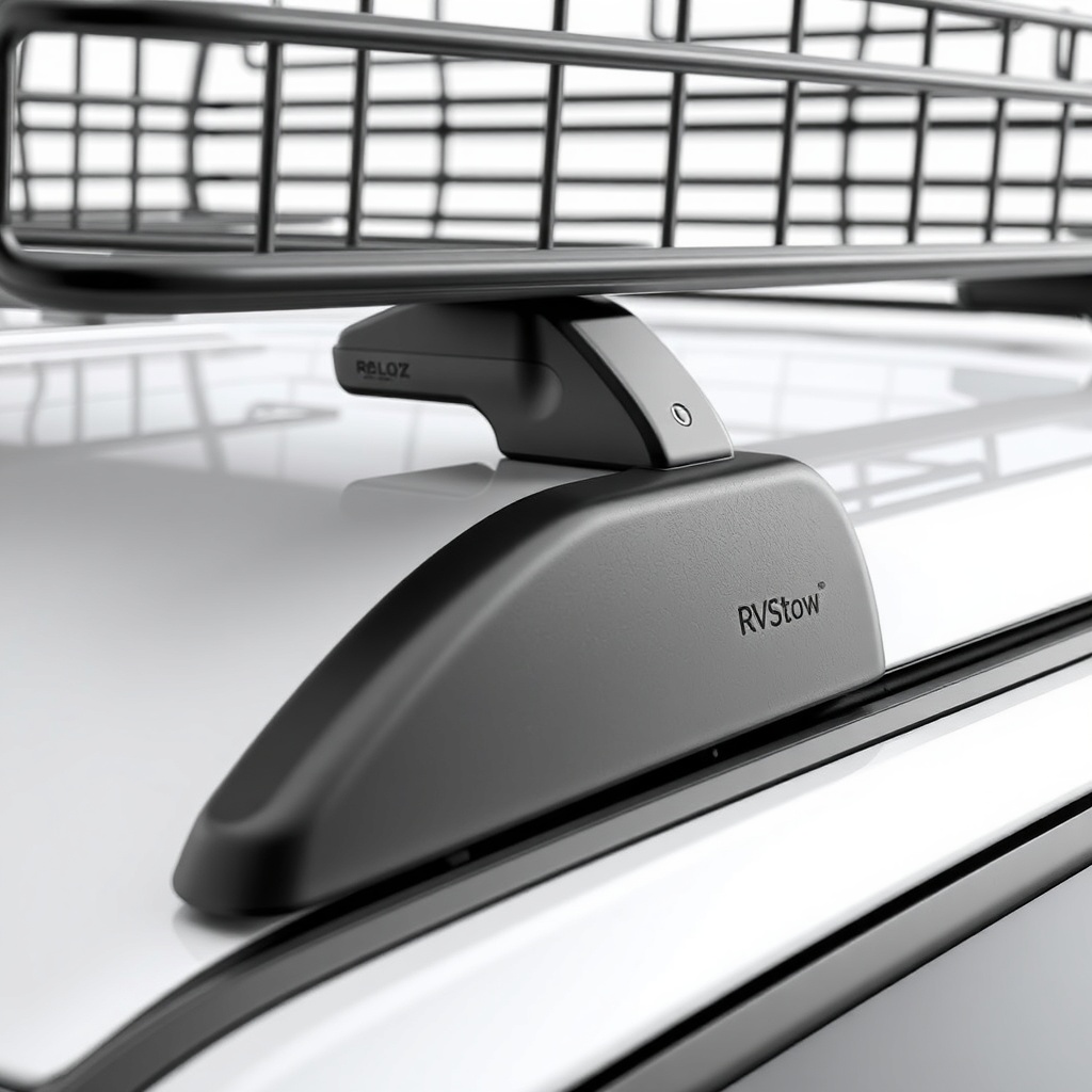 Photorealistic close-up of an RVStow Roof Rack Cargo Basket with aerodynamic fairing insta
