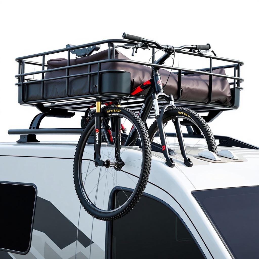 A clean photorealistic photo of a black RVStow Roof Rack Cargo Basket mounted on an RV roo
