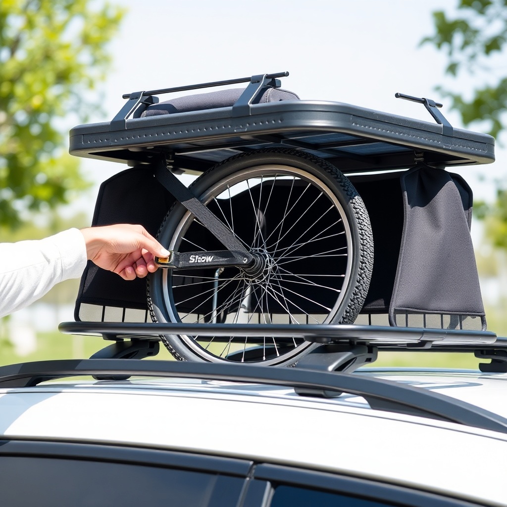 A clean photorealistic photo of a person tightening a ratchet strap over a bike wheel insi
