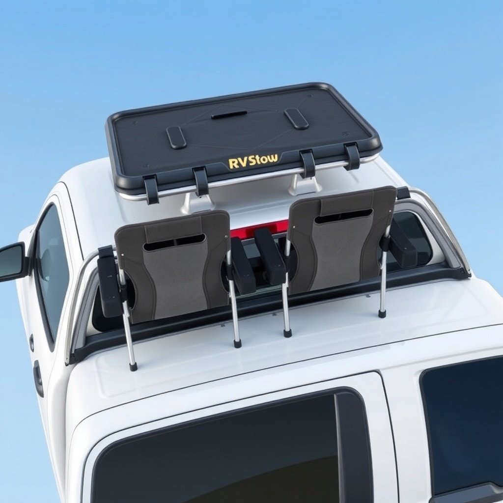 A photorealistic overhead angled shot of a white pickup truck with an RVStow roof rack car