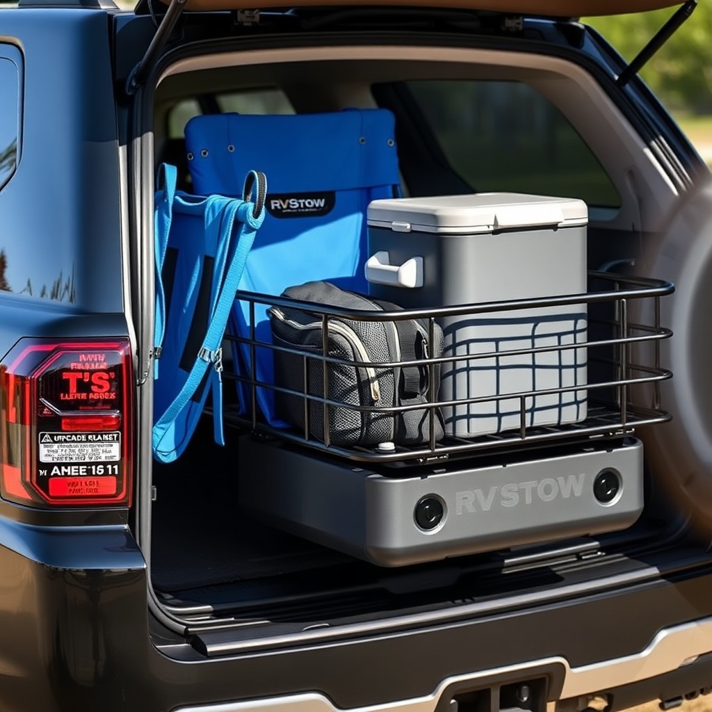 A photorealistic close-up side view of an RVStow cargo basket mounted on a black SUV