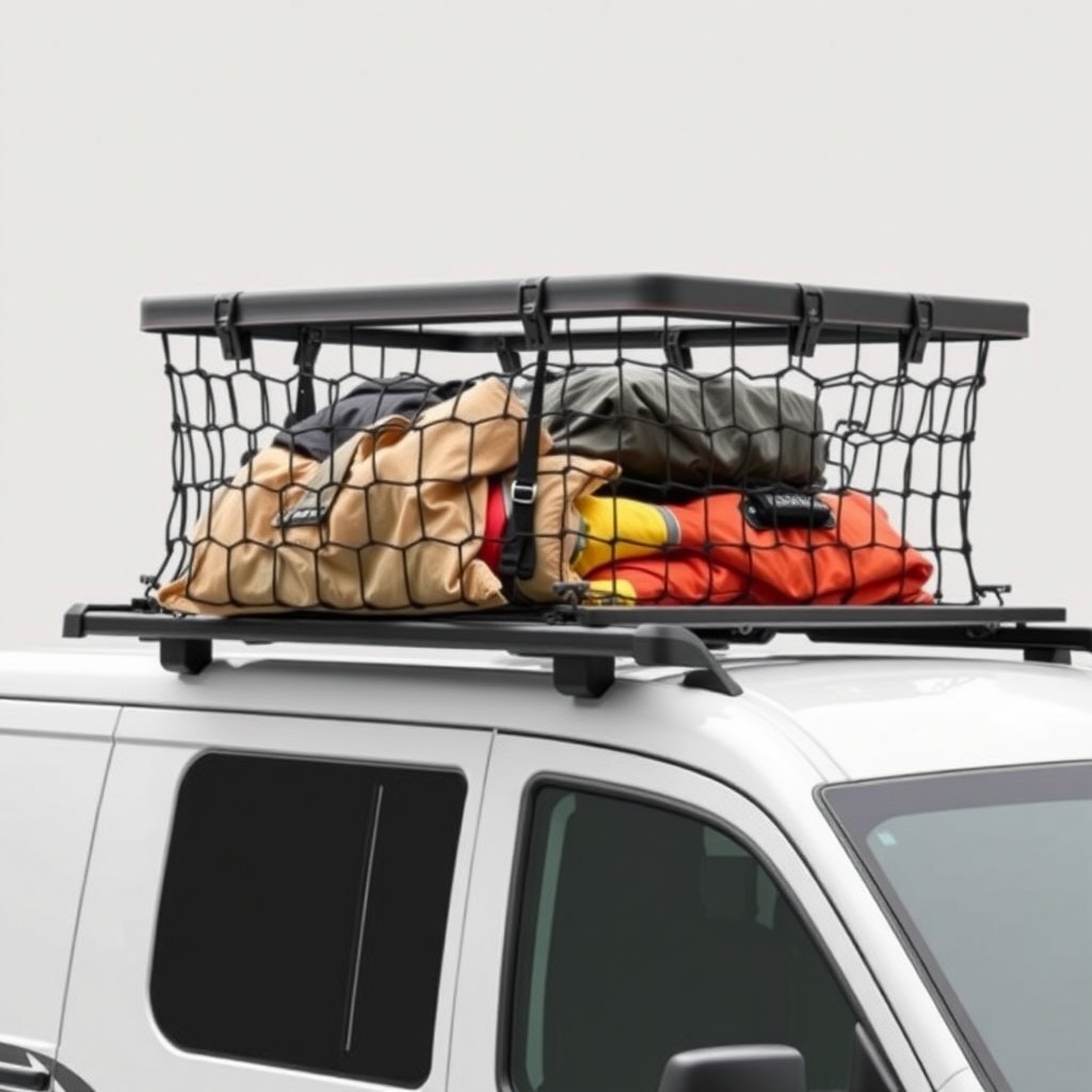 A photorealistic photo of an RVStow Roof Rack Cargo Basket mounted on an RV roof