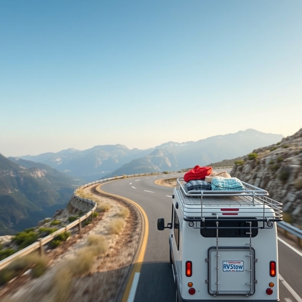 A photorealistic photo of an RV traveling on a curvy mountain road