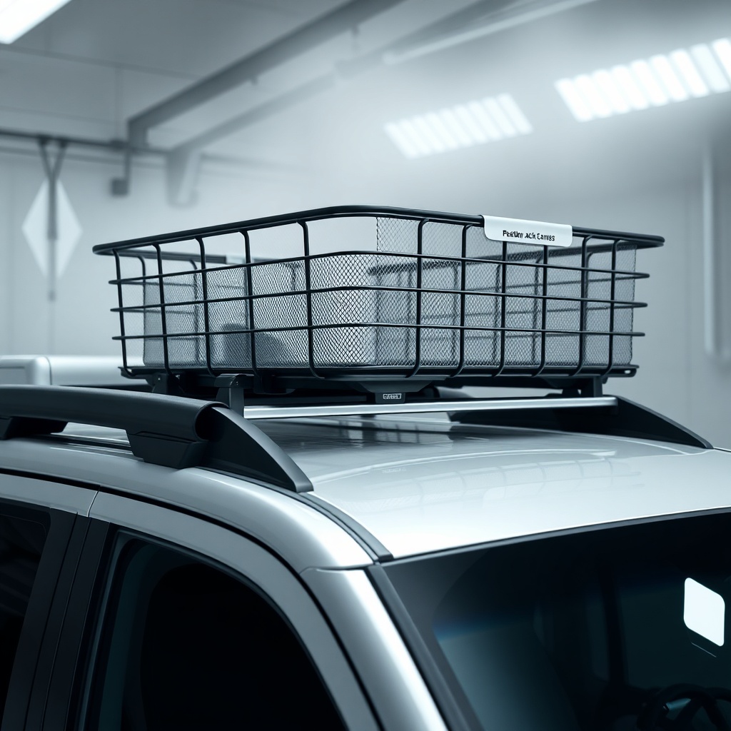 A photorealistic photo of the RVStow Roof Rack Cargo Basket mounted on an RV