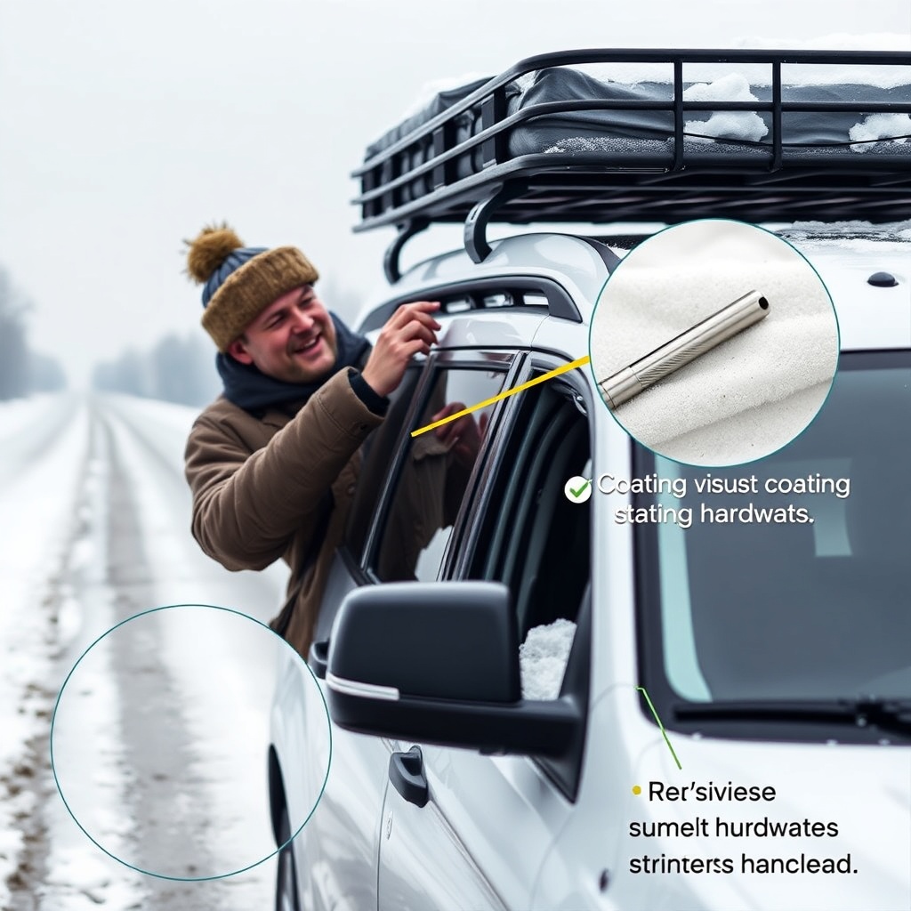 A photorealistic photo of an RV owner inspecting the RVStow Roof Rack Cargo Basket on thei
