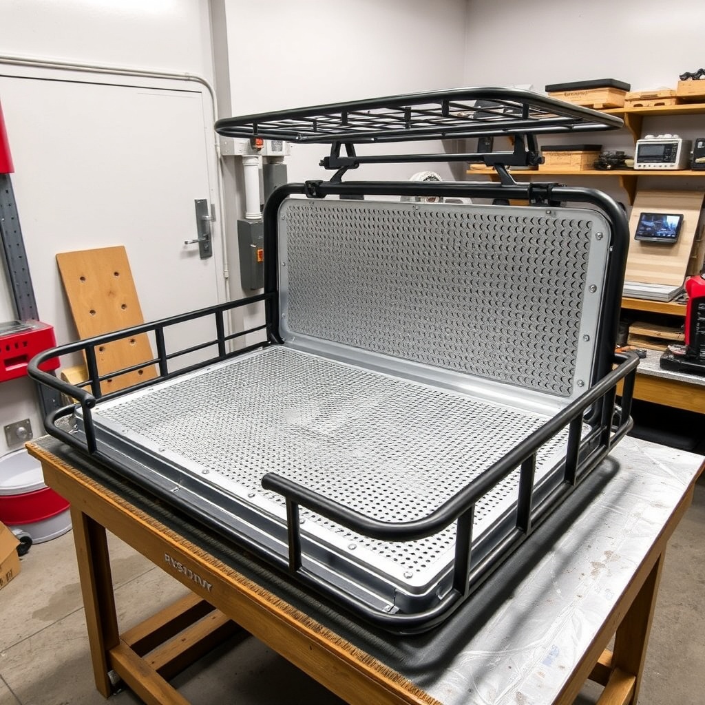 Wide-angle shot showing the RVStow Roof Rack Cargo Basket on a workbench with the factory