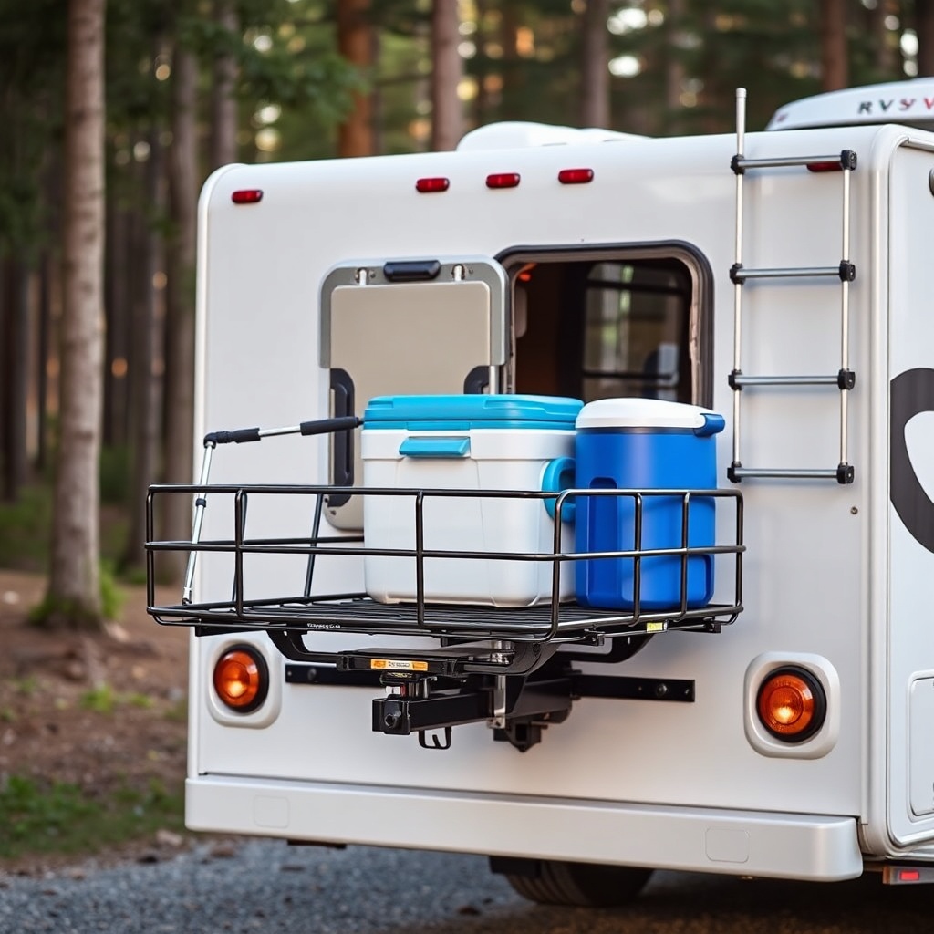 A photorealistic photo of a RVStow Roof Rack Cargo Basket mounted on a hitch receiver at t