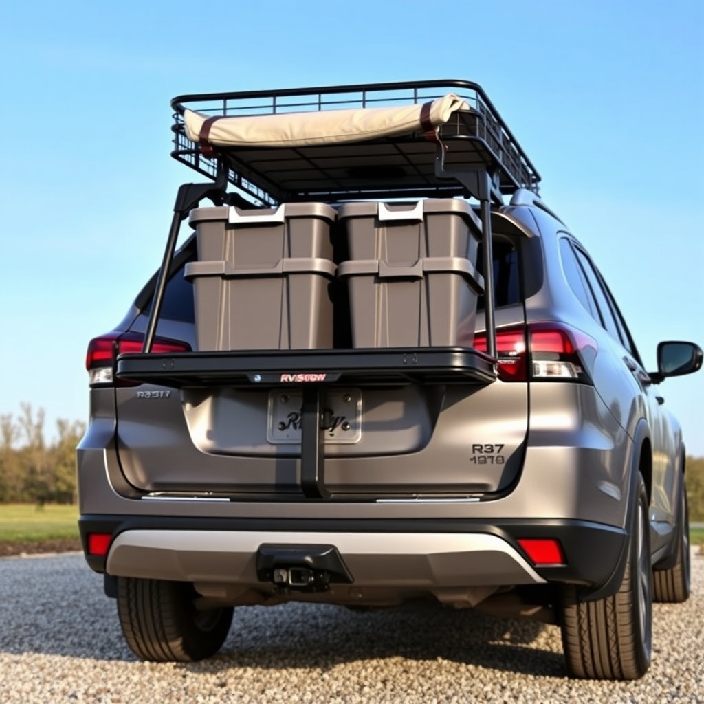 A photorealistic photo of a RVStow Roof Rack Cargo Basket mounted on a gray SUV’s hitch re