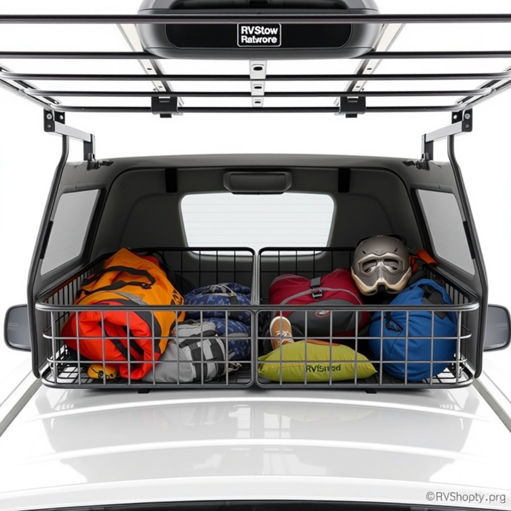 A clean photorealistic photo of an RVStow cargo basket mounted on a truck roof
