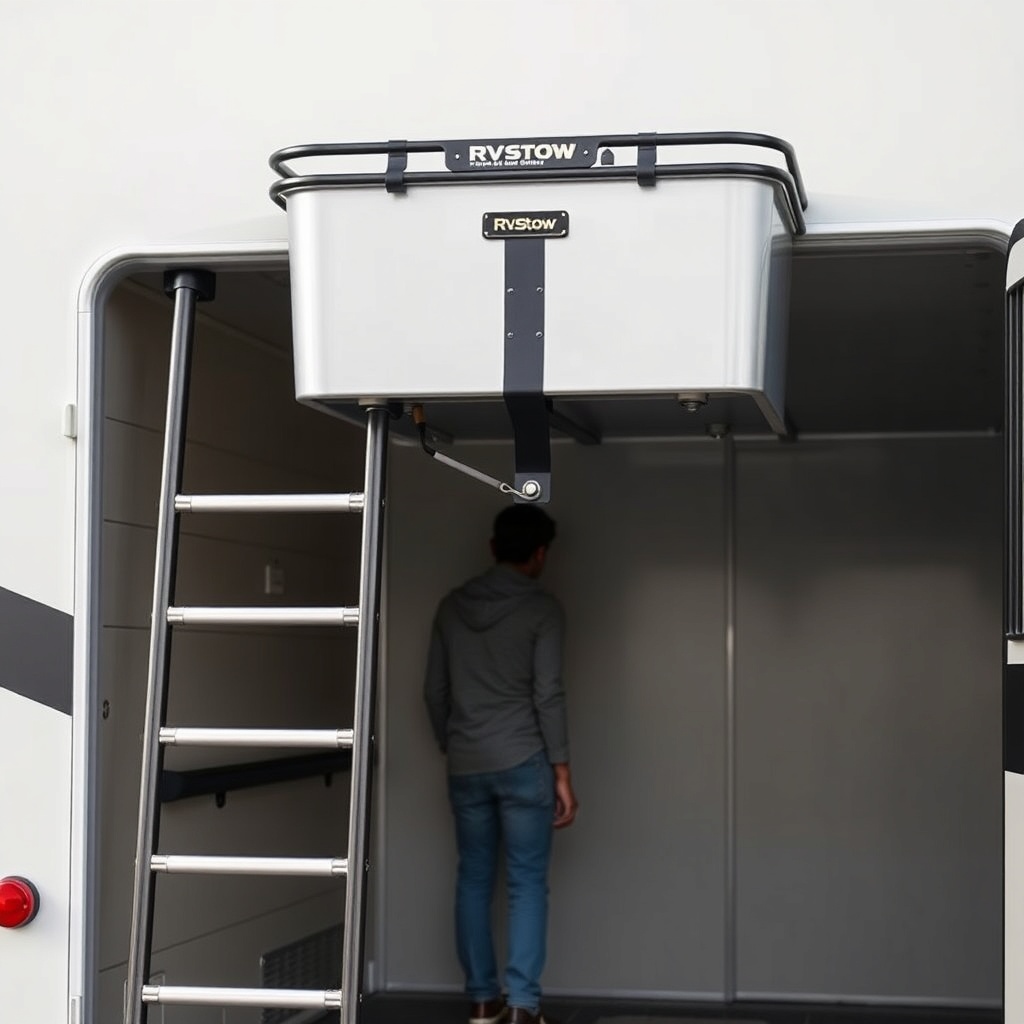 A clean photorealistic photo of an RV rear ladder with a metal bracket connecting the RVSt