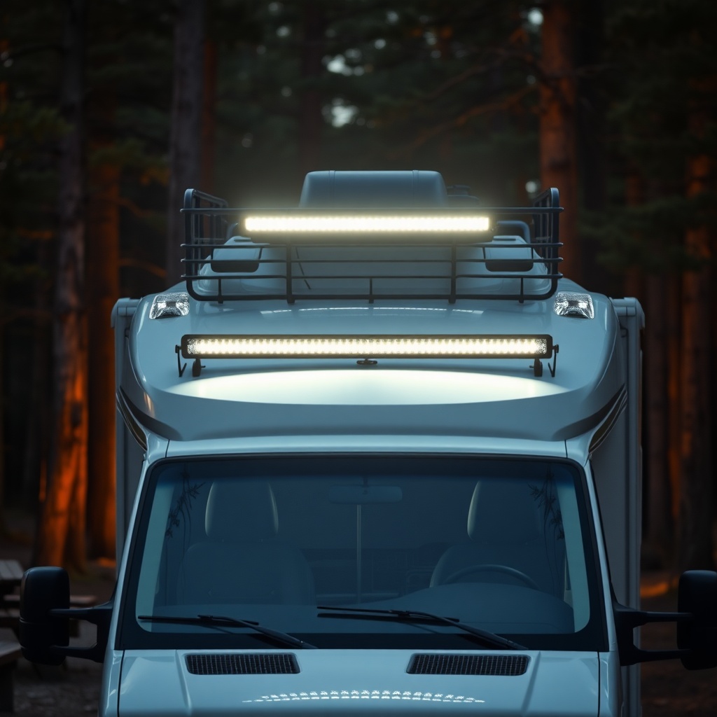 A photorealistic photo of an RV parked in a forested campsite at dusk