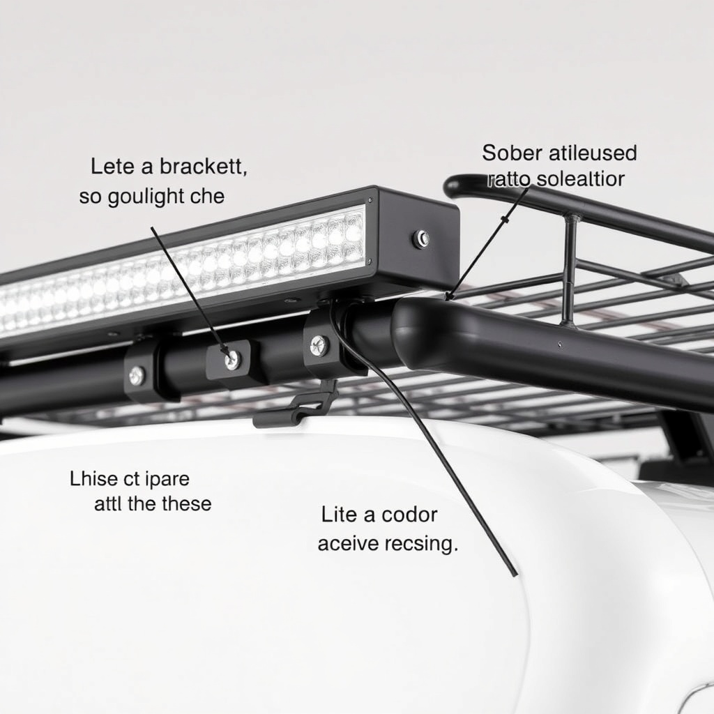A close-up photorealistic photo of a roof rack cargo basket with a mounted LED light bar