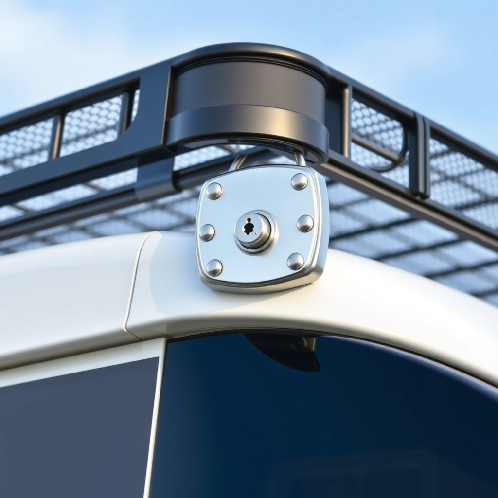 Close-up photorealism photo of an RVStow Roof Rack Cargo Basket lock being upgraded