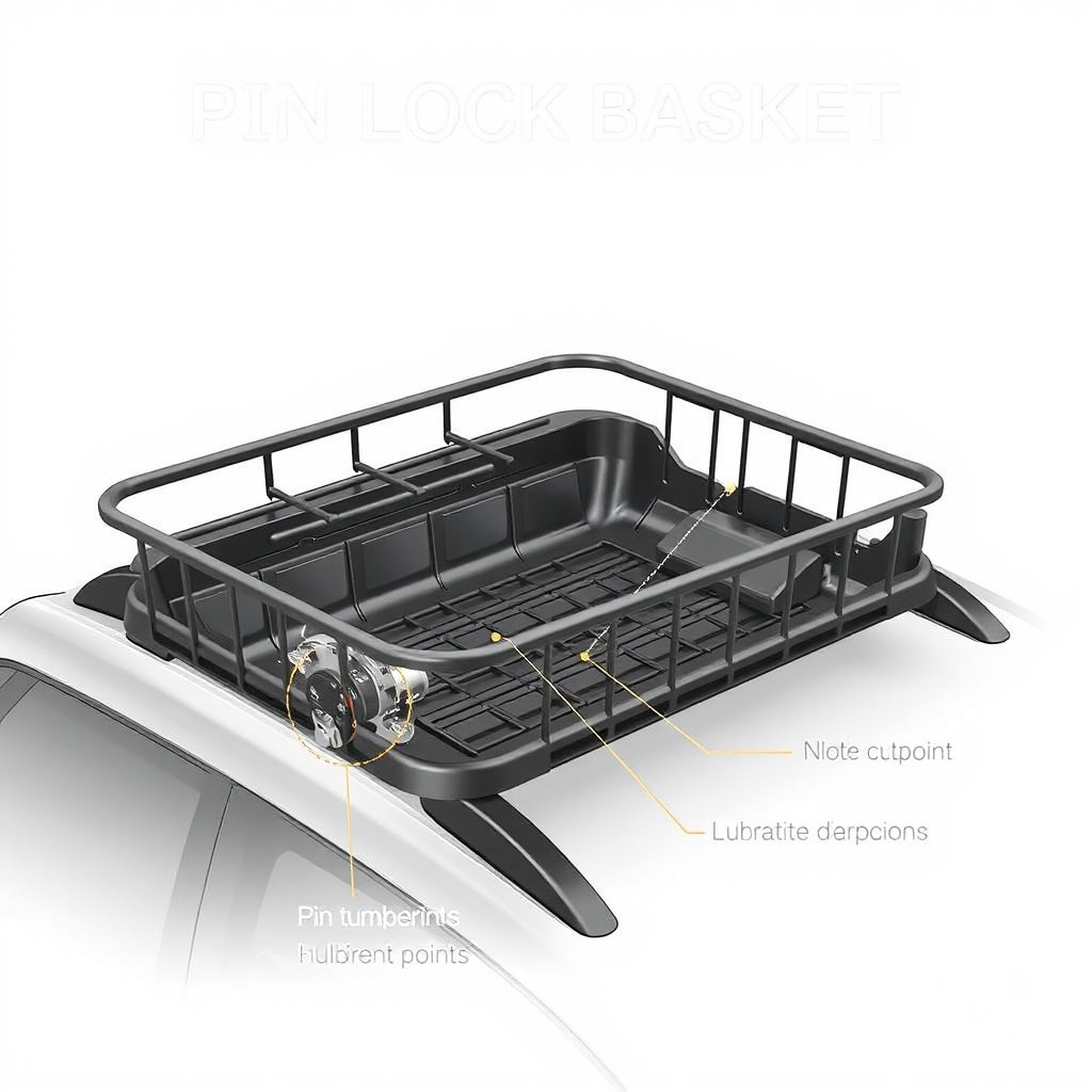 Photorealistic diagram-style illustration showing an RVStow Roof Rack Cargo Basket with a