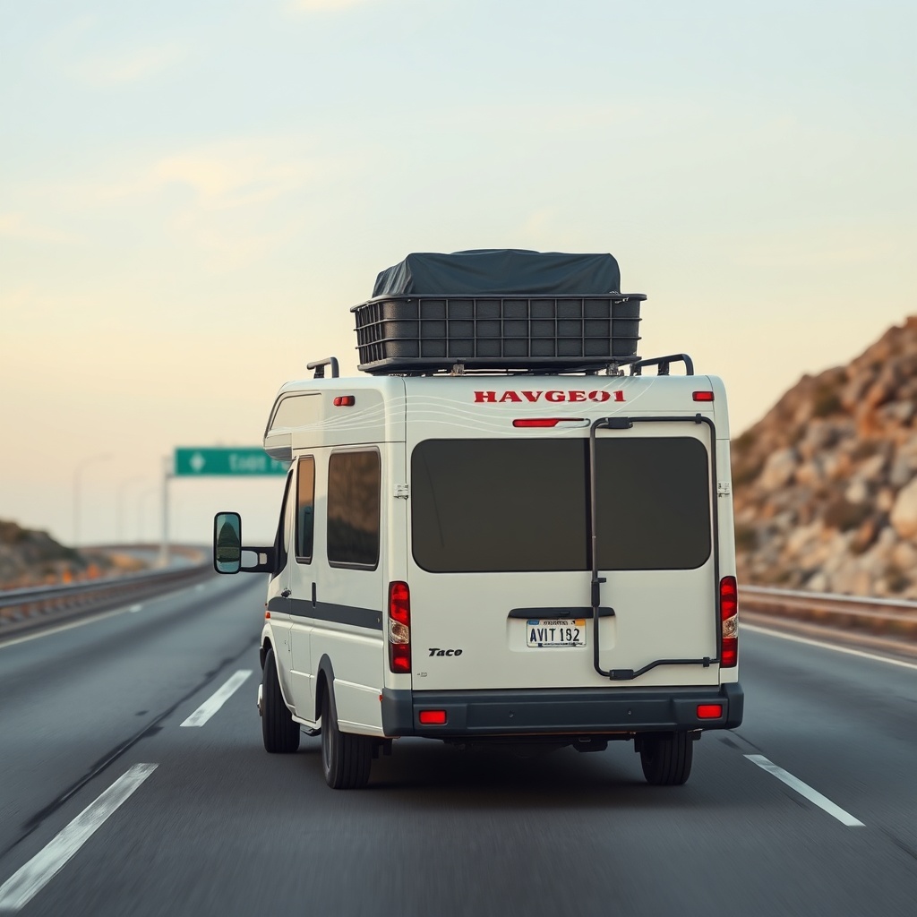 <clean photorealistic photo of an RV traveling down a highway with a roof rack cargo baske