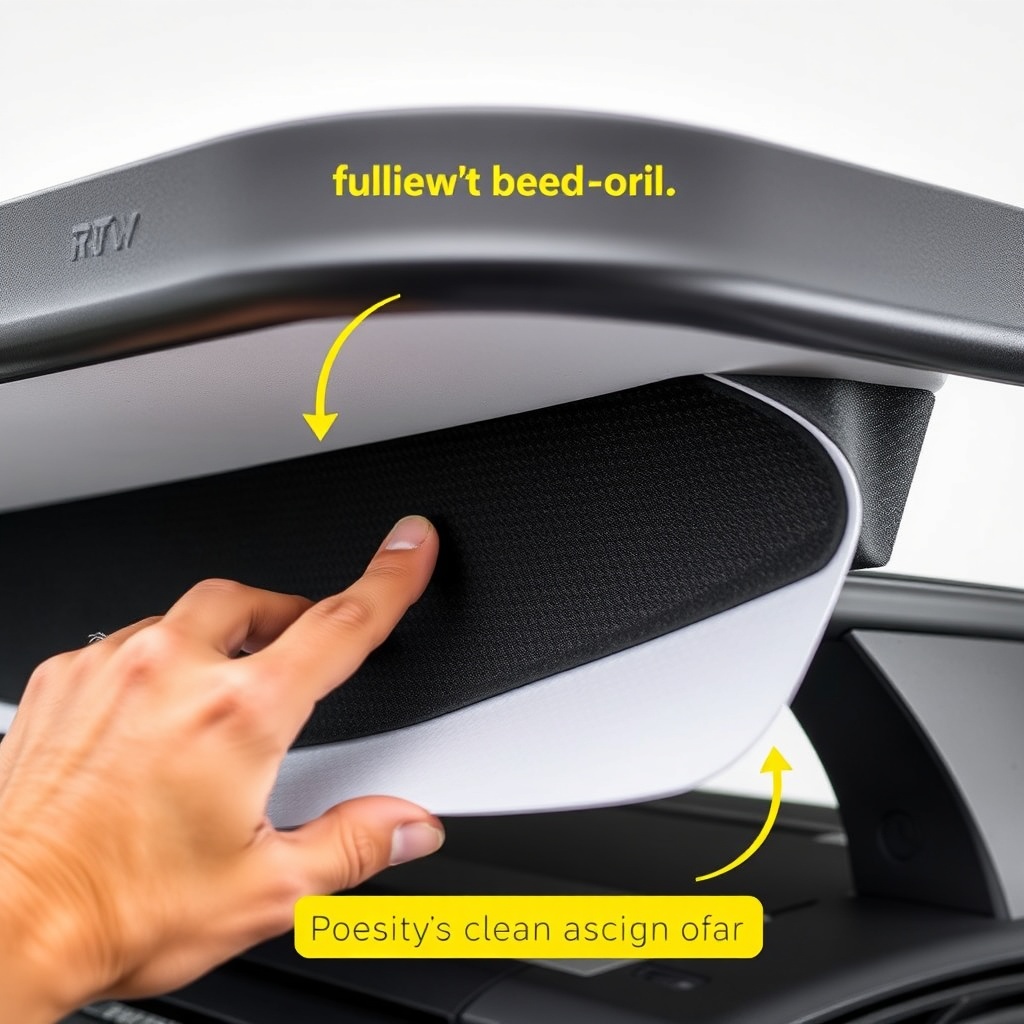 A close-up shot of a hand pressing closed-cell foam tape onto the underside of an RVStow R