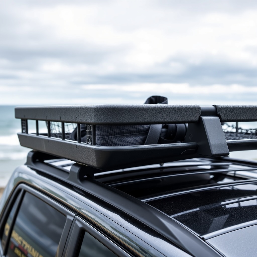 A photorealistic close-up shot of an RVStow Roof Rack Cargo Basket mounted on a rugged SUV