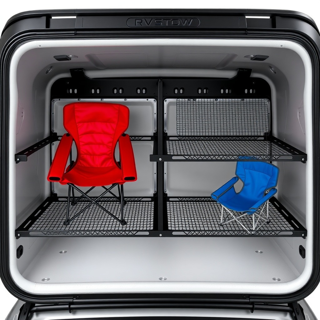 <clean photorealistic photo of two black aluminum shelves installed crosswise inside an RV