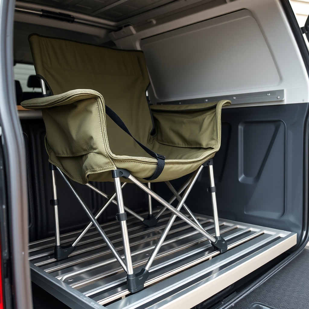 <clean photorealistic photo of a camping chair with its legs strapped to an aluminum shelf