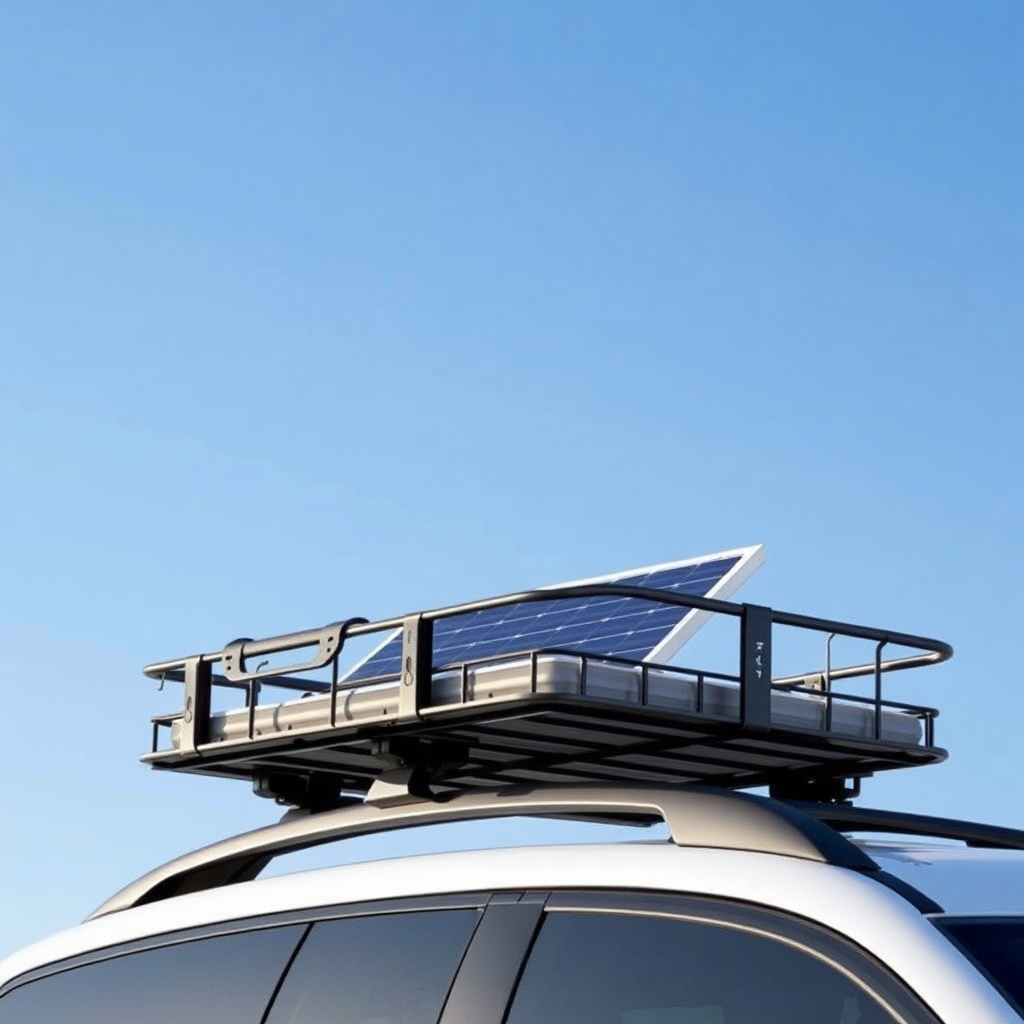 A photorealistic shot of an RVStow Roof Rack Cargo Basket mounted on a roof rack
