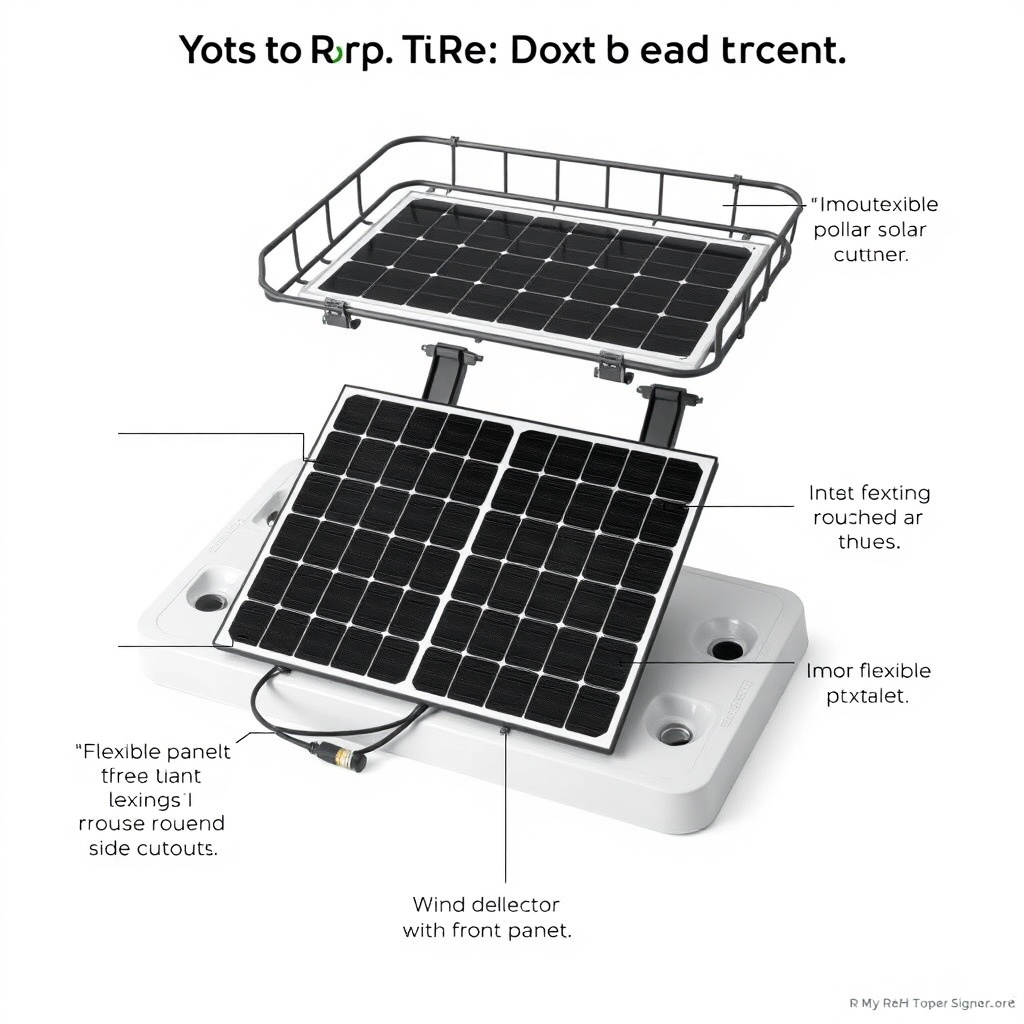 A photorealistic shot showing an RVStow Roof Rack Cargo Basket with two flexible solar pan