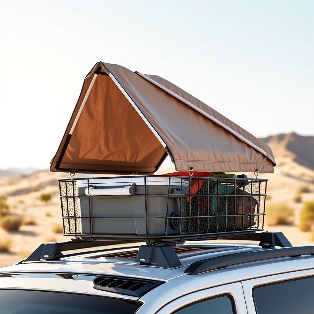 A photorealistic photo of an RV roof rack cargo basket with a hinged aluminum frame sun sh