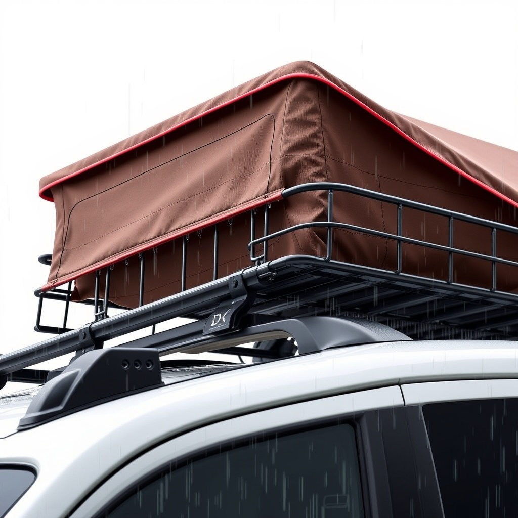A photorealistic photo of an RV roof rack cargo basket with a weather-sealed sun shade mod