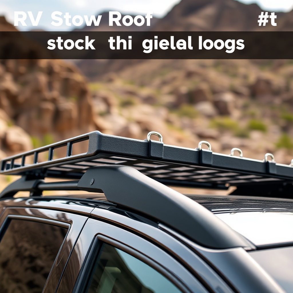 <clean photorealistic photo showing an RVStow Roof Rack Cargo Basket with stock tie-down l