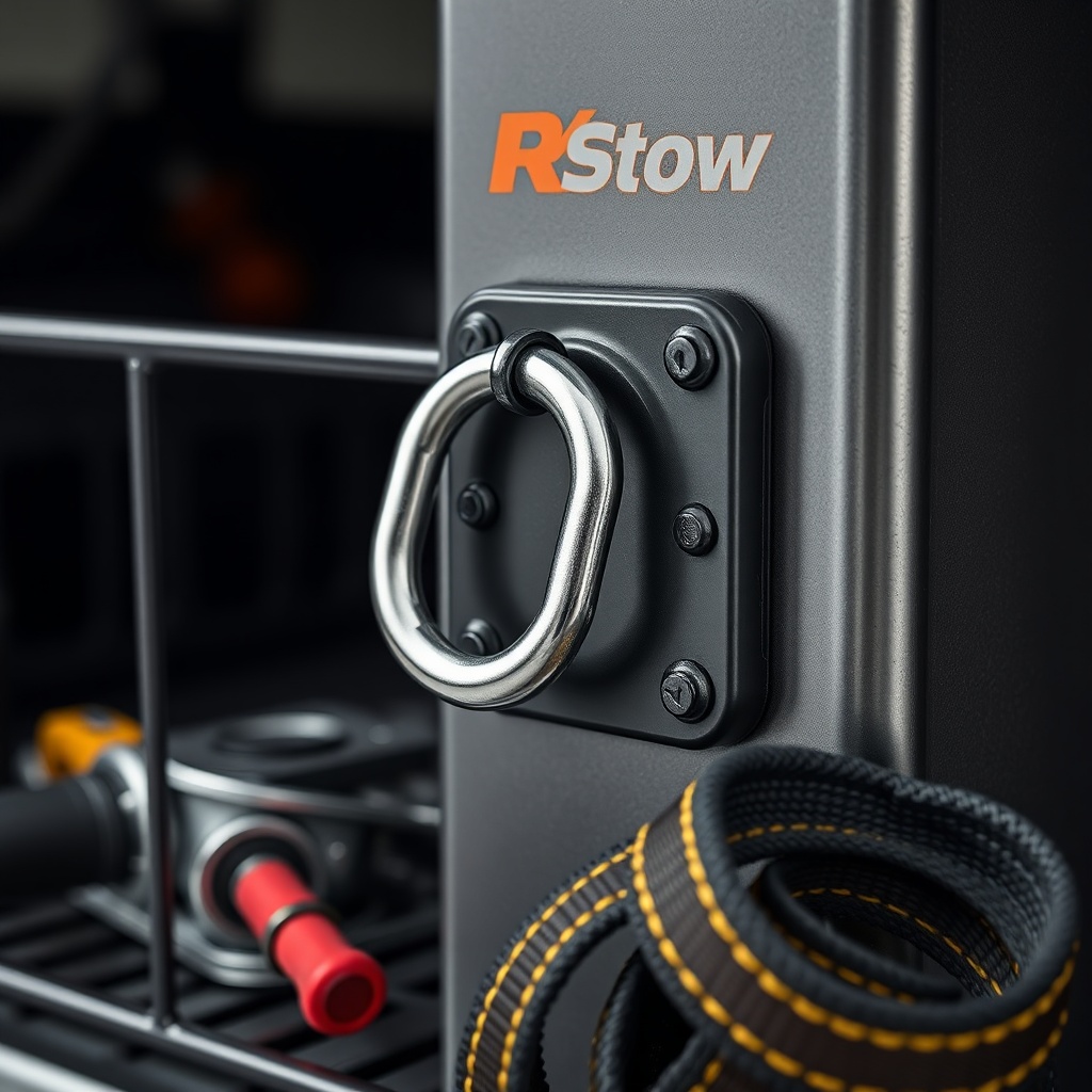 <clean photorealistic photo showing a close-up of a D-ring bolted to a reinforced plate on