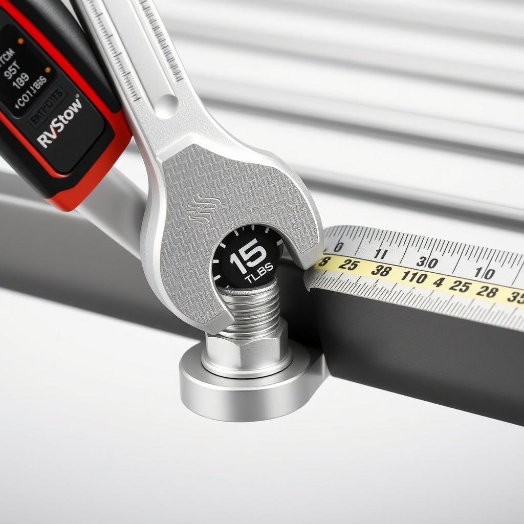 A photorealistic photo of a torque wrench set to 15 ft-lbs clicking on a silver bolt of an