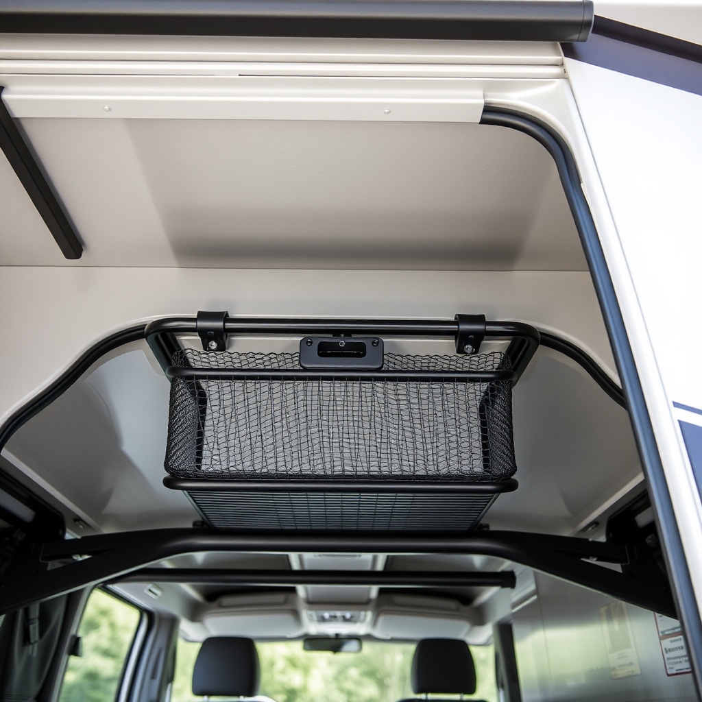 <clean photorealistic photo/illustration of an RVStow Roof Rack Cargo Basket mounted under