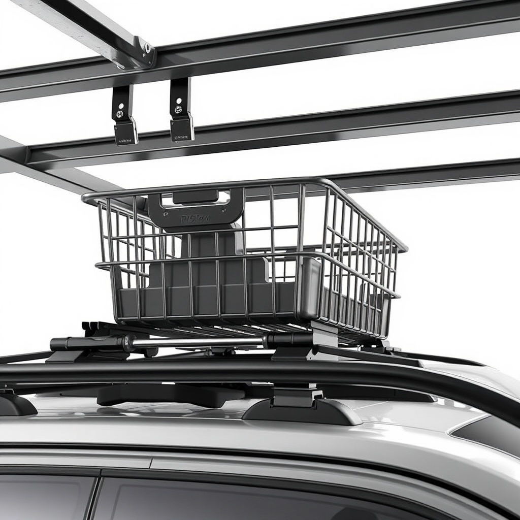 <clean photorealistic photo/illustration of an RVStow Roof Rack Cargo Basket being bolted