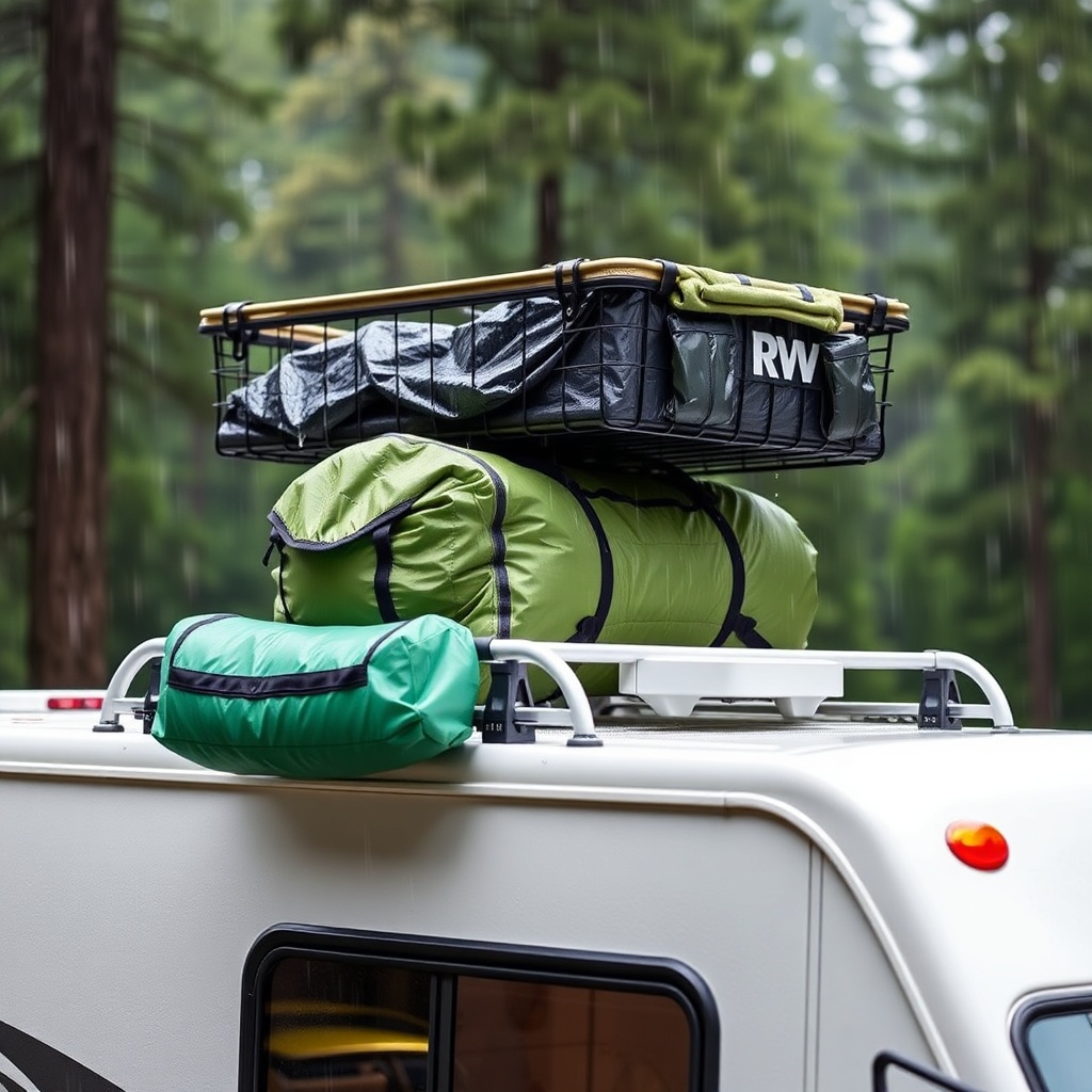 A photorealistic shot of a Class C RV with an RVStow Roof Rack Cargo Basket mounted on the
