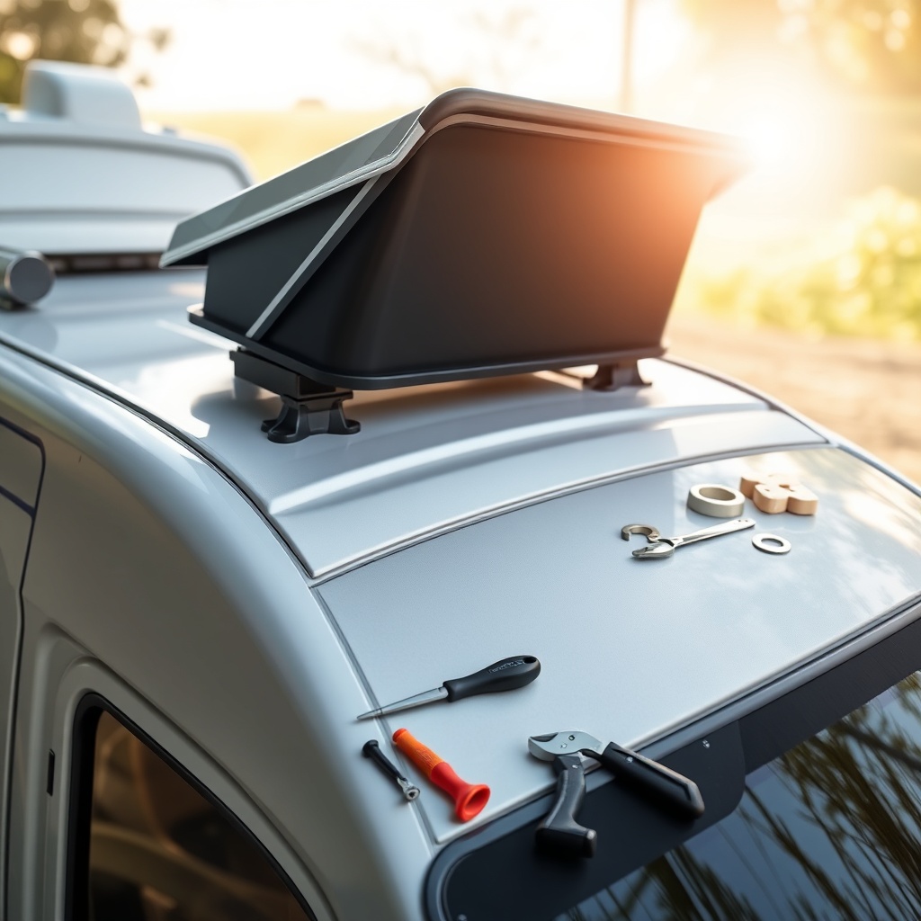<clean photorealistic photo/illustration of an RV owner installing a black wind deflector