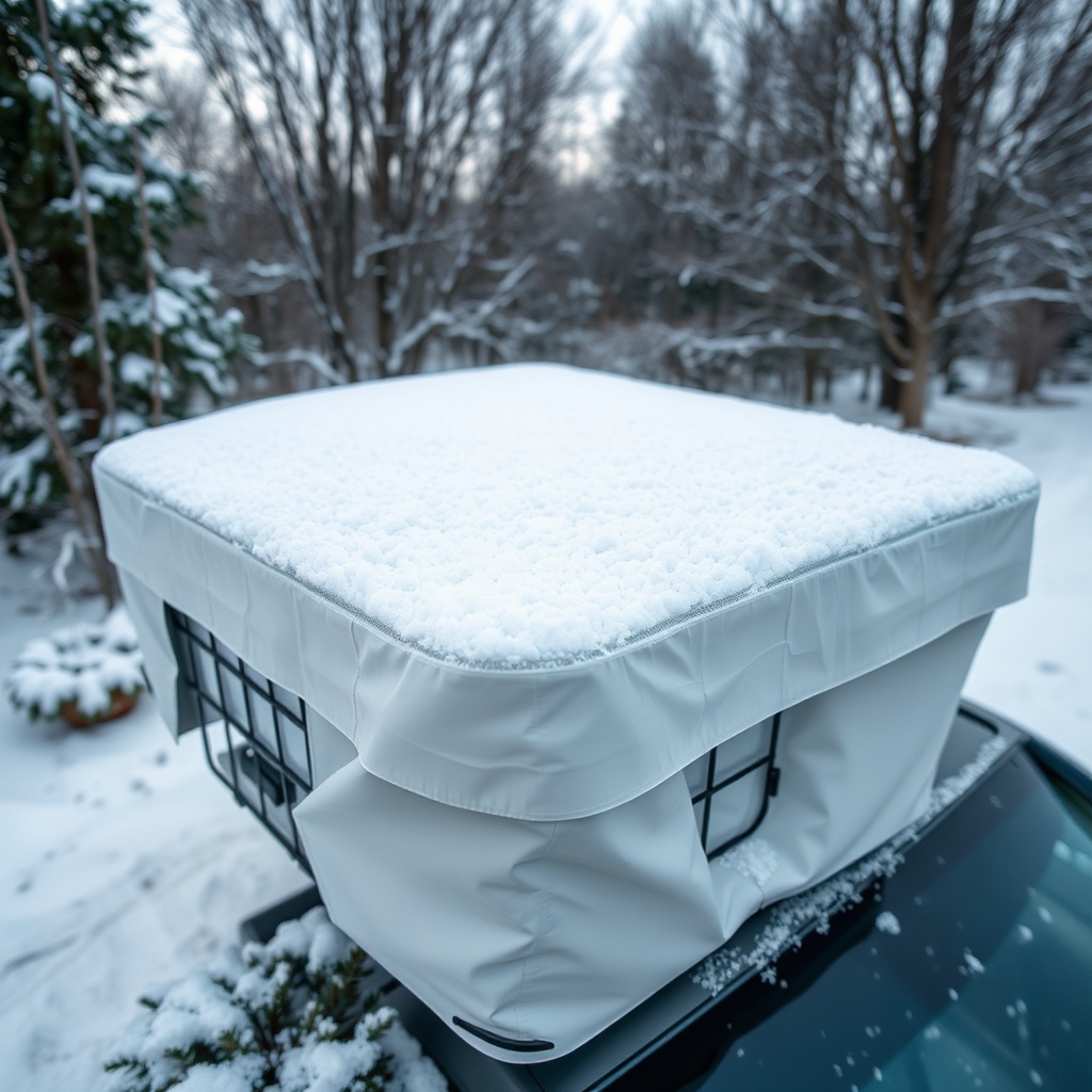 Wide-angle shot of RVStow winterization cover installed on roof basket with light snow acc
